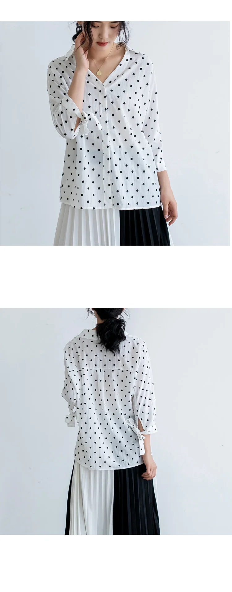 Blusas Mujer, новинка, кардиган в горошек с длинным рукавом, шифоновая, белая, синяя, женская рубашка, повседневная, свободная, с v-образным вырезом, женская блузка 5261 50