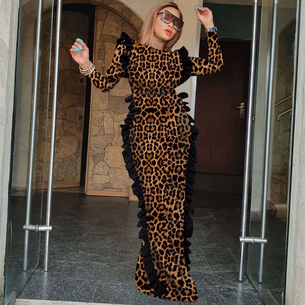 

Sexy Printed Leopard Long Dress Camouflage African Women Bodycon Plus Size Ruffles Night Club Party Dresses Long Sleeve Autumn