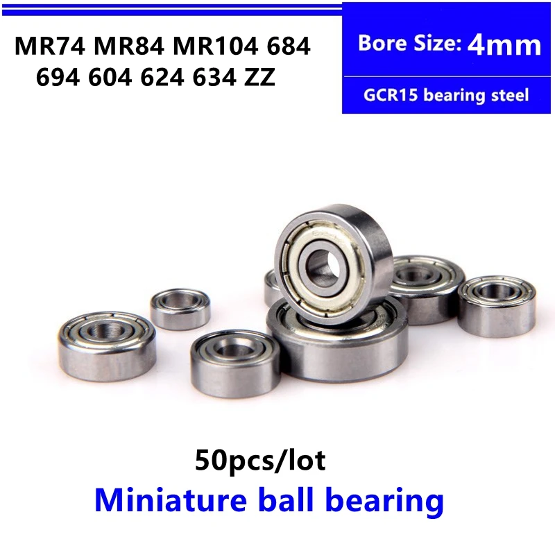 50pcs high quality MR74 MR84 MR104 684 694 604 624 634 ZZ -2RS miniature deep groove ball bearing Bore Size 4mm Inner Diameter |