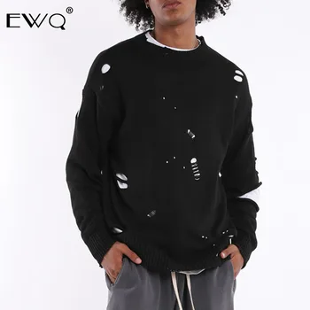 

EWQ / autumn 2020 Long Sleeve Holes Round-neck Pullovers Loose Sweatershirt Man's Korea Style Temperament Coat FT218