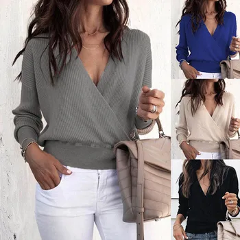 

Fashion Sexy V Neck Black Apricot Blue Knitted Sweater Winter Women Casual Long Sleeve Sweaters Slim Short Lady Sweater