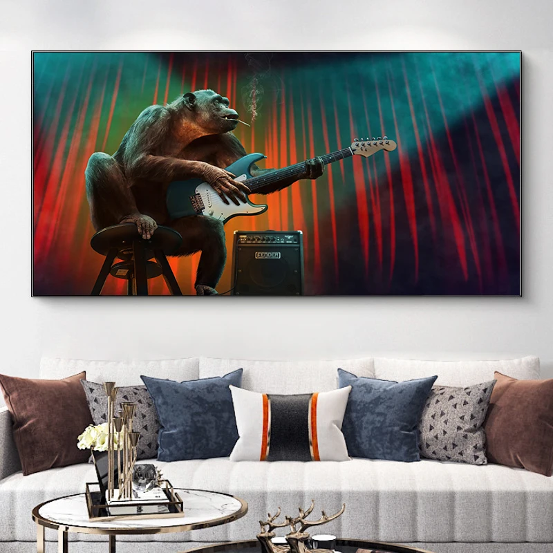 Забавная художественная обезьяна играющая на гитаре холст художественные