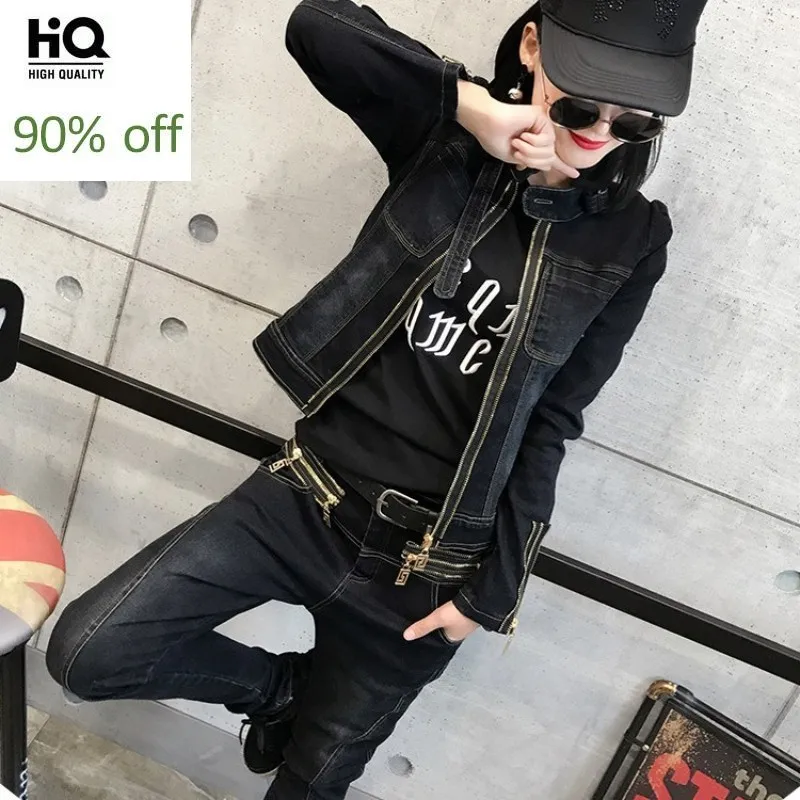 Nieuwe Vrouwen Slim Fit Denim Tweedelige Set Toevallige Rits Jeans Jas Bijpassende Sets Moto Biker Outfits Vriendje Conjuntos De mujer Nieuwe Vrouwen Slim Fit Denim Tweedelige Set Toevallige Rits Jeans Jas Bijpassende Sets Moto Biker Outfits Vriendje Conjuntos De mujer