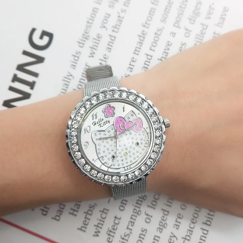 Модные милые детские часы hello kitty с героями мультфильмов со стальным ремешком и