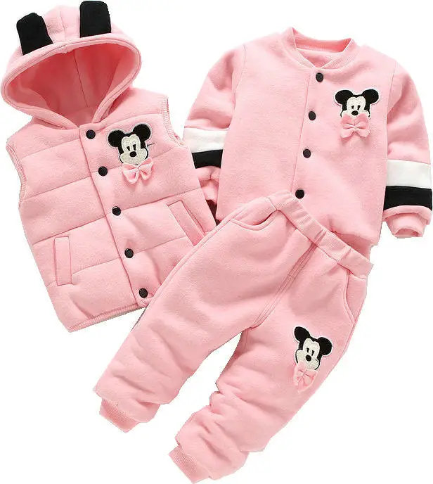 T-shirt Kids Baby Boys Girls Thick Warm Mickey Mouse Hooded Coat Pants Sets