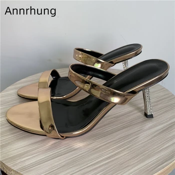 

Sexy Patent Leather Narrow Band Runway Shoes Luxury Jeweled Rhinestone Thin Heel Open Toes Crystal High Heel Slippers Women