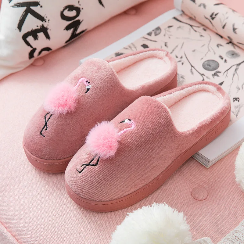 

Women's Winter Shoes Plus Size 43-45 Flock Flamingo Pattern Non Slip Home Slippers Women Rubber Plush Warm Slippers Woman