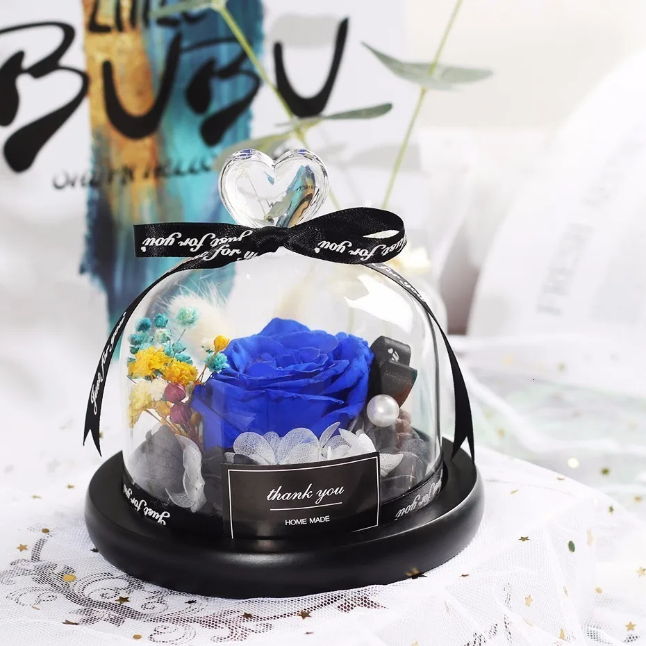 Blue Настоящие розы в колбе стеклянный купол настоящая Роза Красавица и Чудовище вечная Сохраненная Роза День Святого Валентина подарок девушка день рождения - Цвет: Blue