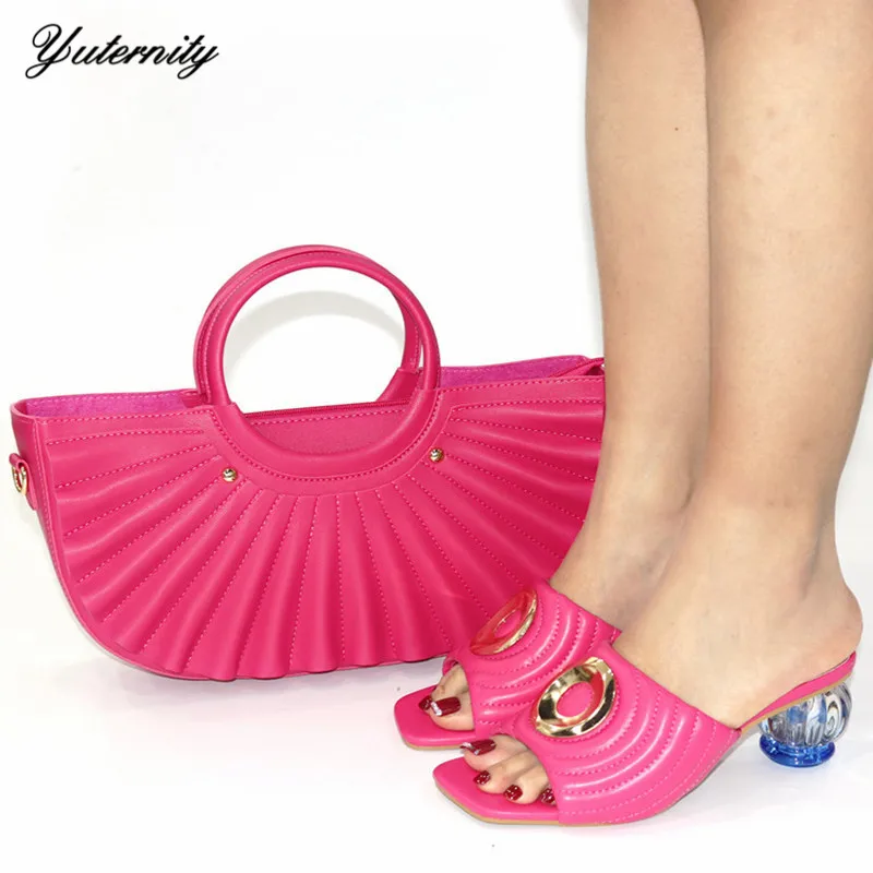 

New Arrival PU Leather Shoes With Bags Set African Rhinestone Pumps Shoes And Purse Set For Wedding 6Colors On Stock