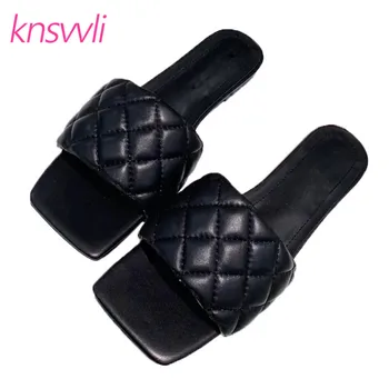 

Square Toe Mules Shoes Women Genuine Leather Rhomboid Pattern Summer Shoes Woman Slides Black Designer Slippers Women Sandals