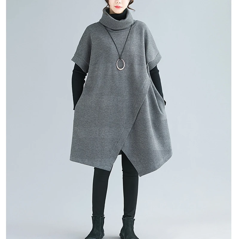 

Autumn Winter Dress Women 2020 Loose Plus Size Dresses Short Sleeve Turtleneck Irregular Ladies Casual Wear Clothes Gray Black