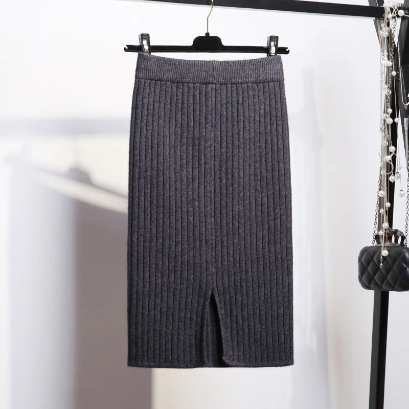 Женская облегающая элегантная юбка-карандаш средней длины, осенне-зимняя утолщенная повседневная трикотажная юбка, Женская юбка с высокой талией - Цвет: Grey Knee Length