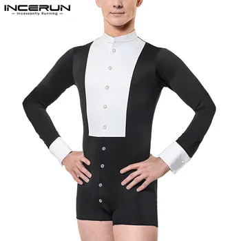 

INCERUN Men Rompers Long Sleeve Fitness Patchwork Button Up Casual Jumpsuit Men Bodysuit Leisure Sexy Underwear Homewear S-5XL