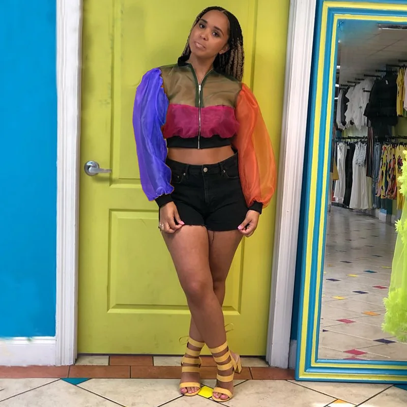 incredible  Transparent Mesh Bomber Jacket Women Autumn Short Jacket Streetwear Lantern Long Sleeve Slim Patchw