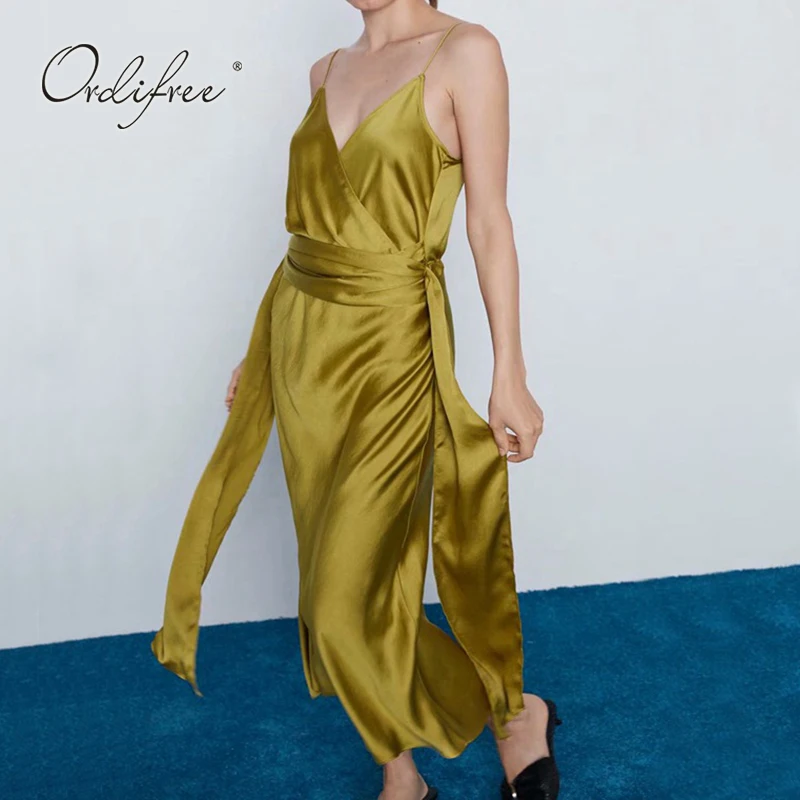 

Ordifree 2020 Summer Elegant Women Satin Slip Dress Spaghetti Strap Vintage Belted Sexy Silk Maxi Dress