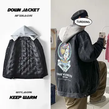 

Hybskr 2020 Winter New Denim Casual Down Jacket Men Oversize Korean Streetwear Coats Woman Graphic Printed Fashion Clothing
