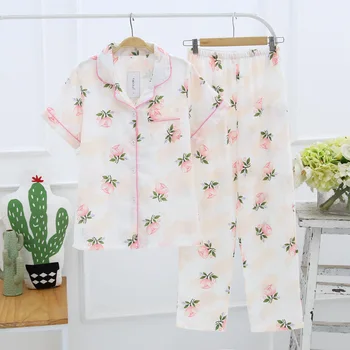 

Summer Female Cotton Double Gauze Home Clothes Women's Soft Breathable Air-conditioned Room Short-sleeved Trousers Pajamas Suit