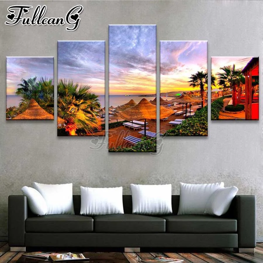 FULLCANG diy 5 piece sea diamond painting full square/round drill mosaic embroidery resort sunset scenery home decor FC2207 | Дом и сад