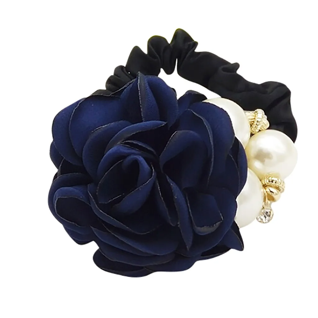 Dark Blue 1 шт. аксессуары для волос женские модные стильные большие с цветами роз и жемчугом со стразами повязка для волос эластичная резинка-пружинка для волос 6 цветов для девочек - Цвет: Dark Blue