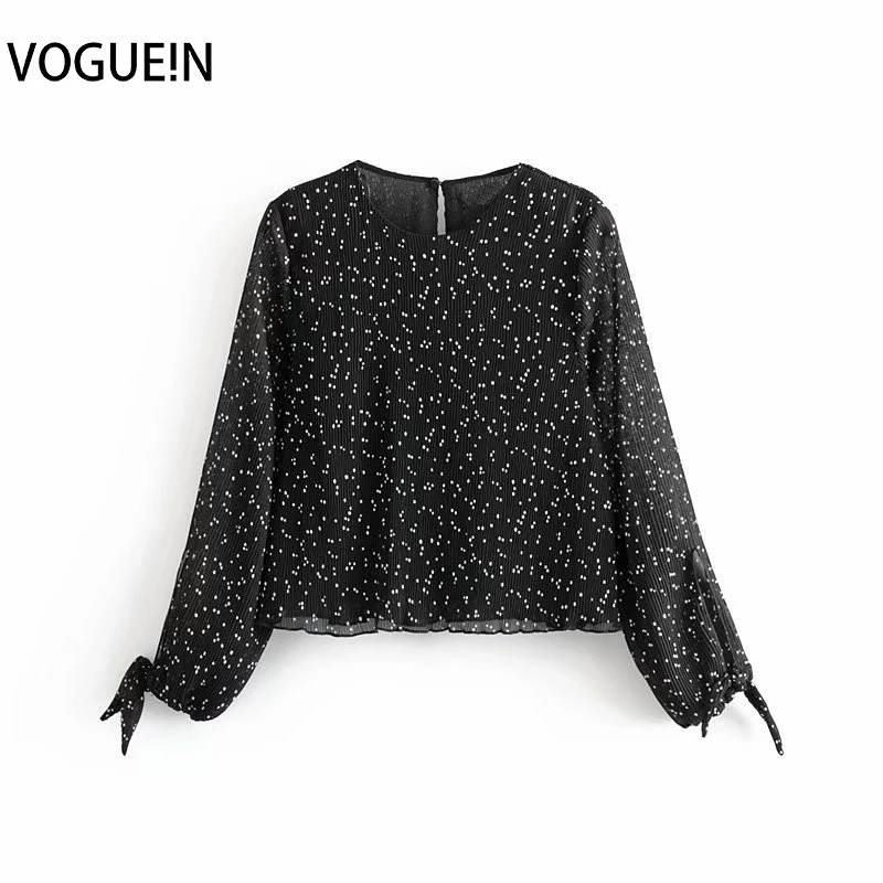VOGUEIN Новая женская черная шифоновая блузка в горошек с круглым вырезом