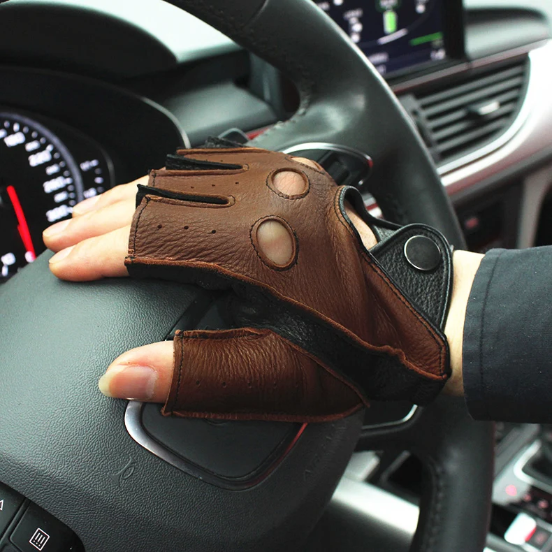 Spring Men's Genuine Leather Gloves Driving Unlined Deerskin Half Fingerless Gloves Fingerless Fitness Gloves