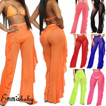 

2020 HOT Sexy Women Beach Mesh Sheer Side Ruffles Solid Long Wide Leg Pants Perspective Maxi Loose Cover Up Pants Trousers