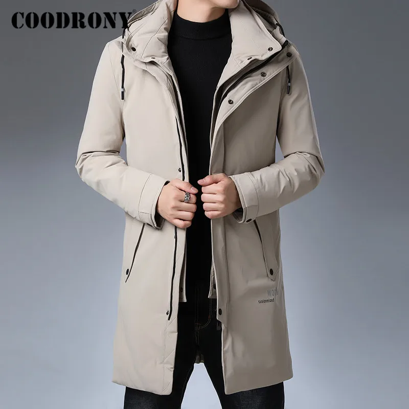 Хаки Бренд COODRONY, куртка на утином пуху, мужская одежда, зимние толстые теплые длинные куртки, повседневное пальто с капюшоном, мужская верхняя одежда с большими карманами 98030 - Цвет: Хаки