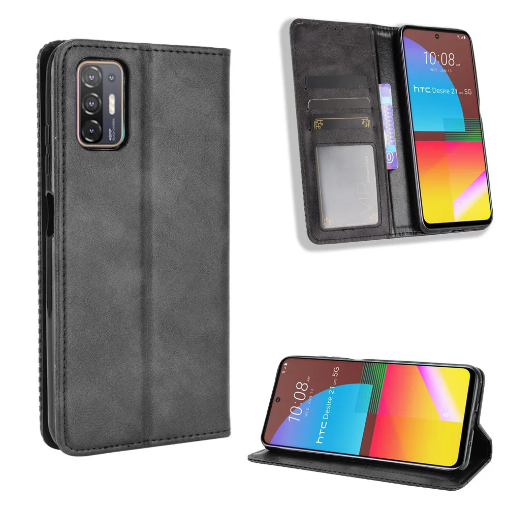 Custodia A Portafoglio Con Magnetica Per HTC Desire 21 Pro 5G – Pelle PU, 3 Slot Carte, Supporto Per Video – Nero