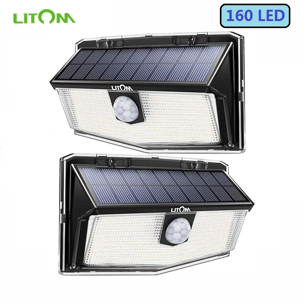 2 Pack LITOM 160 LED Outdoor Solar Motion Sensor Lights IP67 Waterproof Solar Powered Security Lights Wireless Solar Wall Light