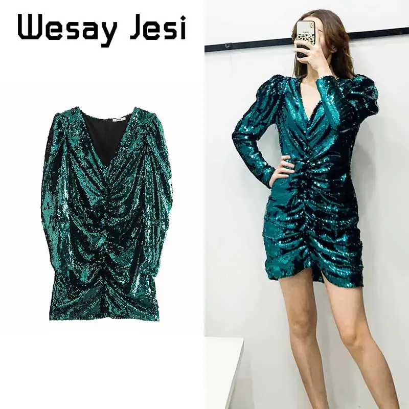 

Dress Women Summer Shiny Puff sleeve Sequins mini dress vestidos de fiesta de noche 2020 vestidos women party sexy dresses