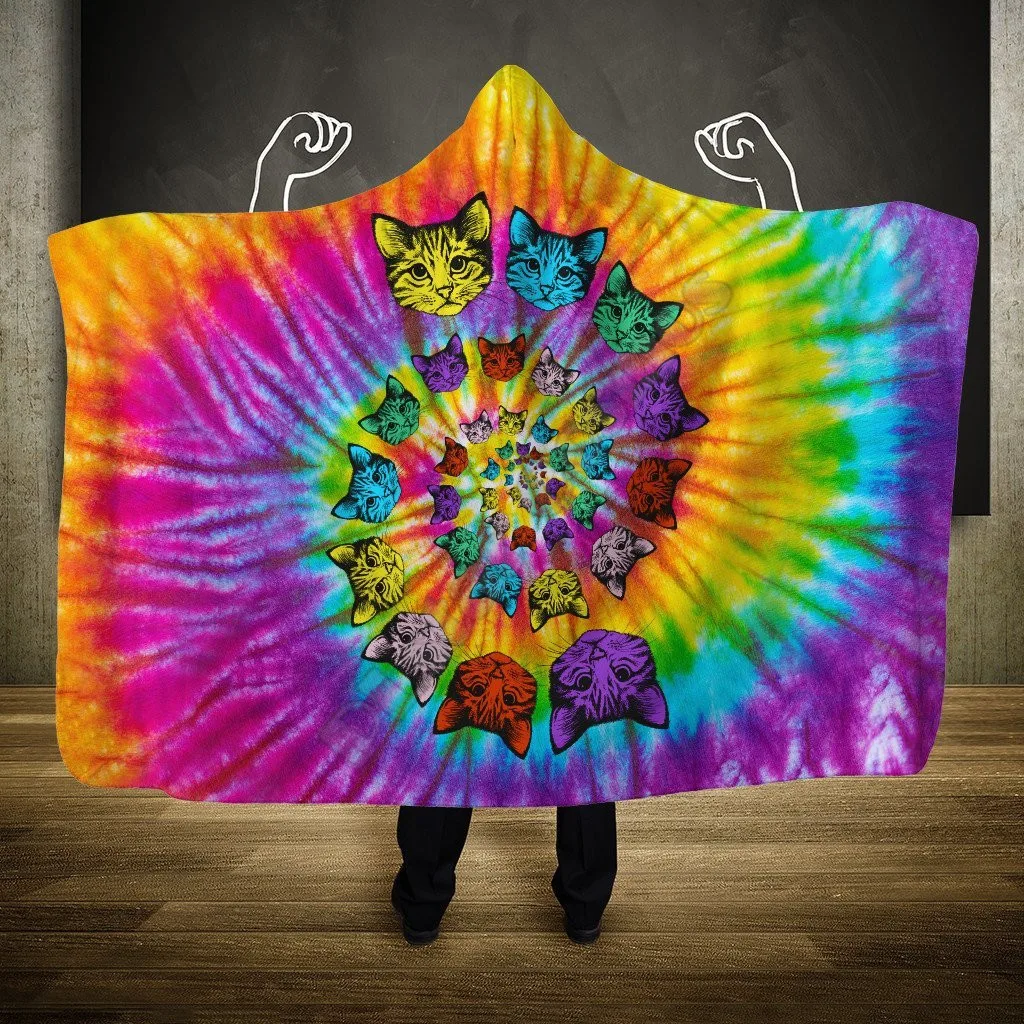 

Tie Dye Cat Hooded Blanket 3D Over Printed Wearable Blanket for Men and Women Adults Kids Fleece blanket