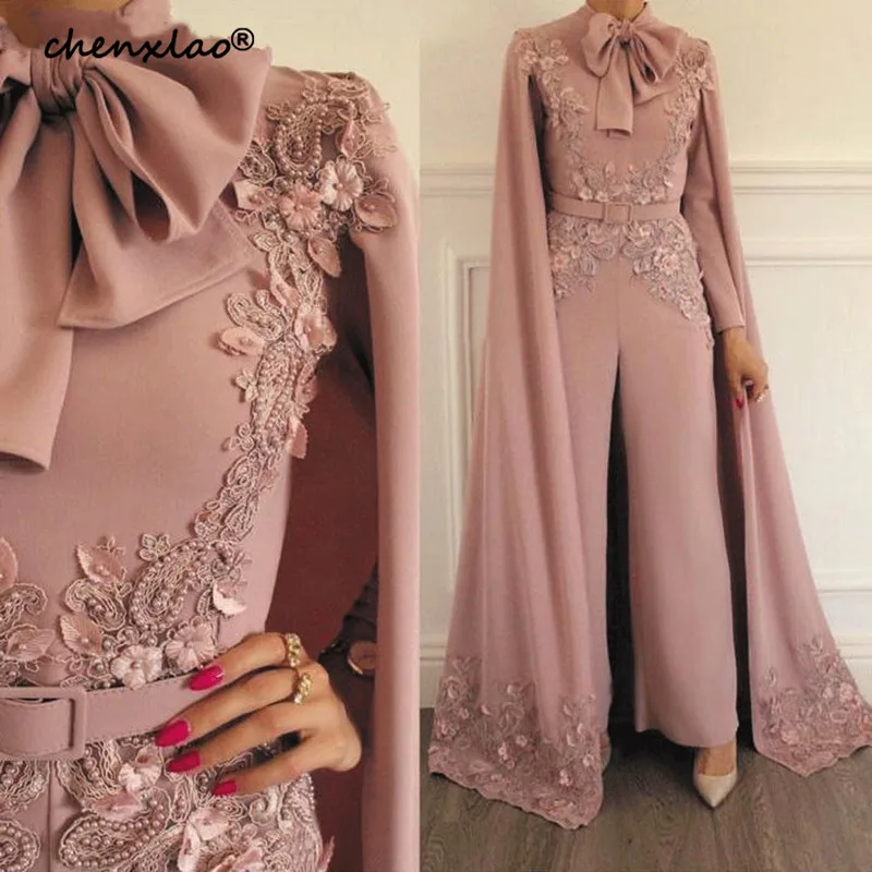 New Arrival Jumpsuit Rompers for Women Dusty Lace Appliques Evening Pants Dubai Arabic Evening Dress 2019 Party Evening gown