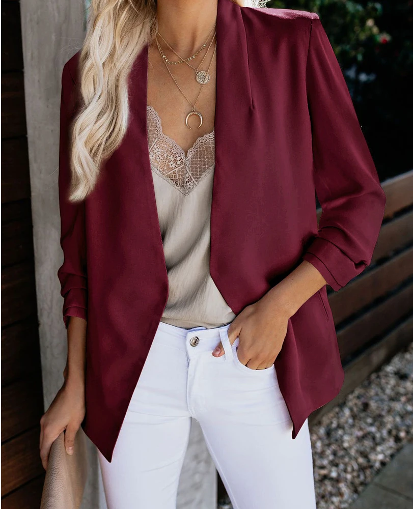 Design2 Red Wine Wisalo, Женский S-5XL, тонкий, Повседневный, однотонный, Длинный блейзер с карманом, для работы, офиса, леди, весна, осень, костюм, длинный рукав, зубчатый Блейзер, пальто - Цвет: Design2 Red Wine