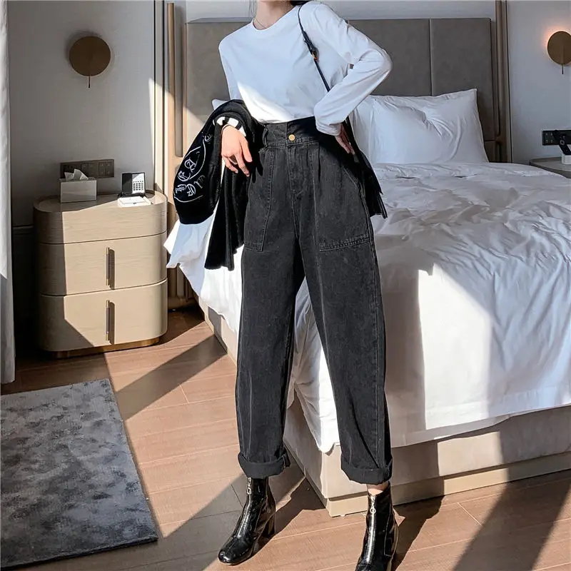 جينز بتصميم عتيق بخصر عالٍ للنساء موضة 2023 سروال جينز ضيق باللون الأسود  والأزرق بنطلون جينز بوي فريند للسيدات بنطلون من قماش الدنيم للنساء
