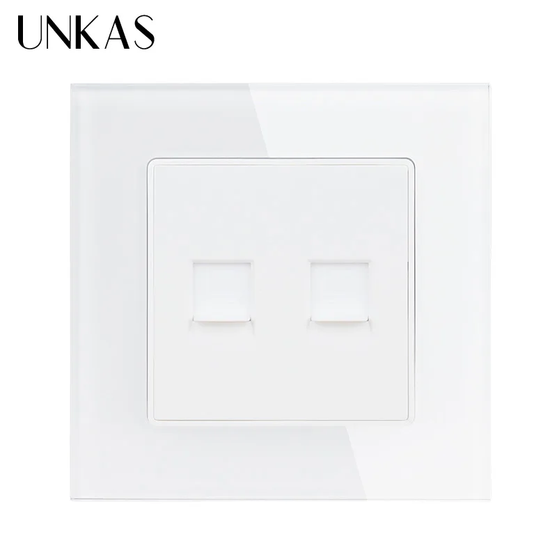 UNKAS белый роскошный кристалл стеклянная панель двойной RJ45 Интернет данных компьютерный разъем CAT5E Разъем розетки