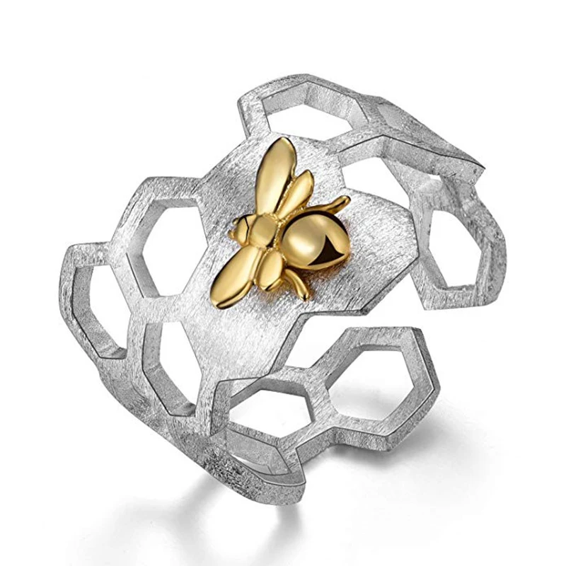 

Real 925 Sterling Silver 18K Gold Bee Rings Natural Designer Fine Jewelry Home Guard Honeycomb Open Ring for Women