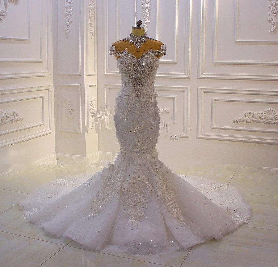 

Роскошные свадебные платья-русалки с кристаллами и бусинами 2023, винтажное арабское платье с 3D цветами в Дубае, свадебное платье