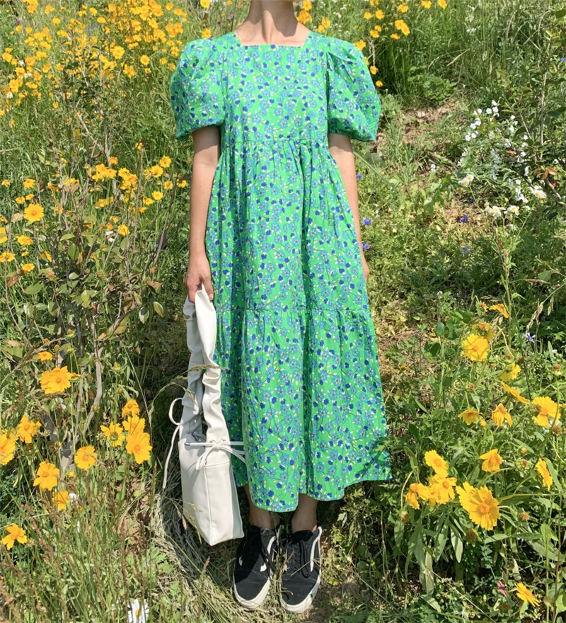 

Ins Korean Style Chic Fashionable Print Floral Fresh Sweet Girl Pleated Comfort Loose Maxi Dress Hot Summer Dress for Women