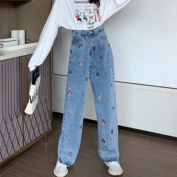 

Jeans for Women Embroidery Wide Leg Jeans for Woman High Waist Jeans Straight Cartoon Pants Denim Jean mujer jean femme