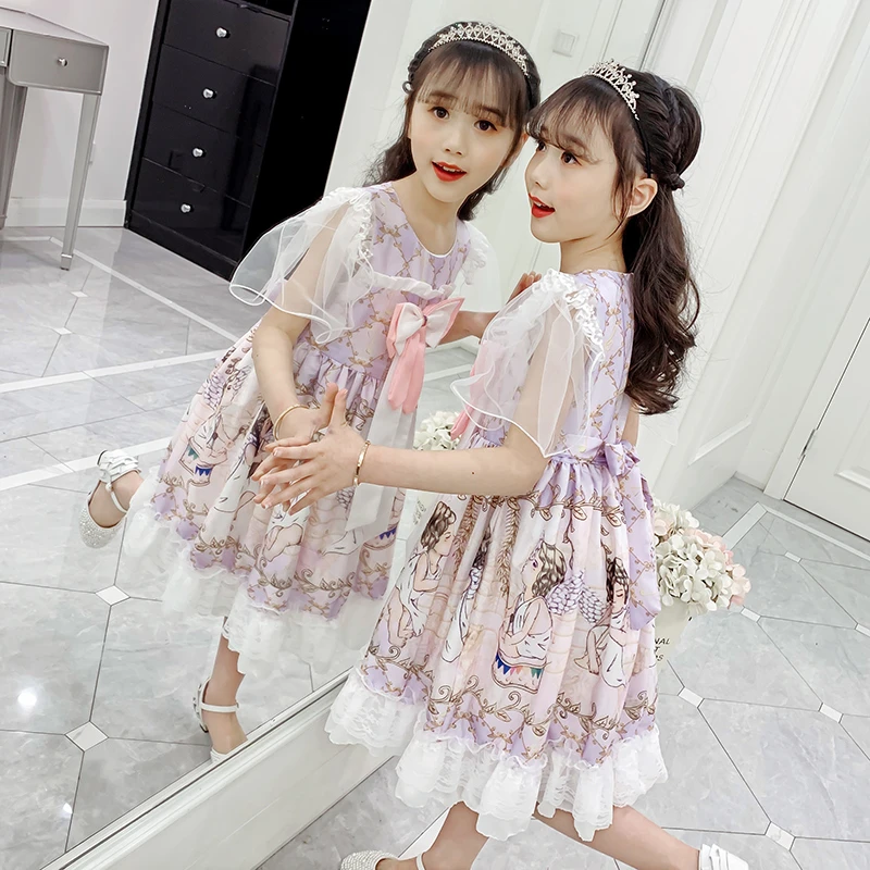 Girls dress summer bowknot short-sleeved Lolita dress children summer new girl Korean version of foreign princess skirt