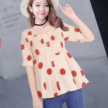 

Women Simple Loose Blouses Short Sleeve Dot Print Square Collar Ladies Button Ruffles Basic Blouse