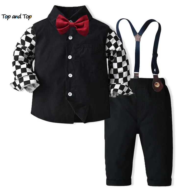 Autumn Winter Toddler Boys Gentleman Clothing Set Kids Boy Long Sleeve Plaid Bowtie Shirt Tops+Suspenders Pants Suit kids clothes