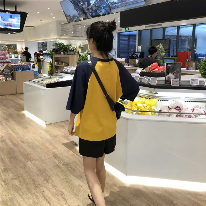 Women 5 Quarter Short Raglan Sleeve T-shirts Casual Patchwork Loose PopularO-neck Lazy Korean Style Simple Vintage584_voghion.com