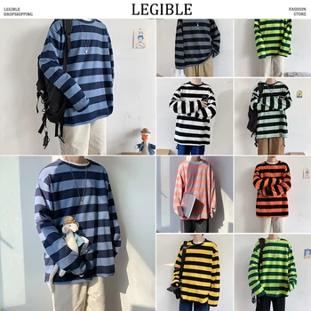 

Long Sleeve T-shirts Men Oversize O-neck Casual Striped Long T Shirt Men Spring Autumn Loose Tee Shirt Men Tops Tee 10 Color