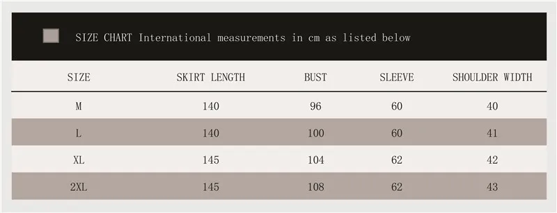 Muslim Arab Women Size Chart