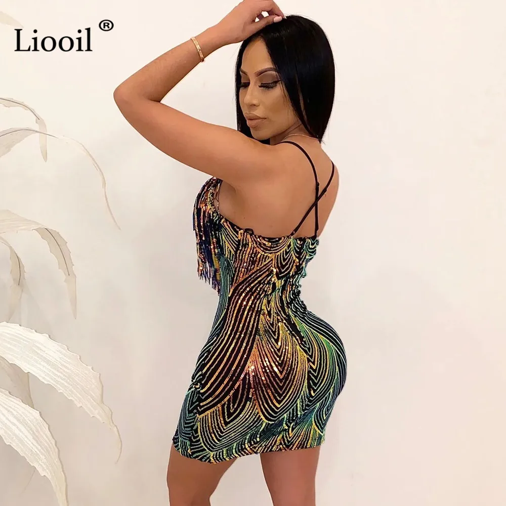 Liooil, сексуальное, с блестками, с кисточками, облегающее, мини платье, для женщин, Клубная одежда,, без рукавов, v-образный вырез, на тонких бретелях, обтягивающие, вечерние, для ночного клуба