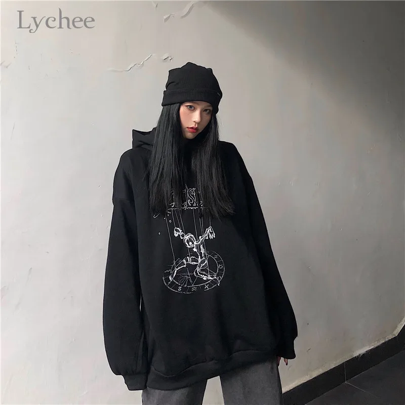  Lychee Harajuku Casual Loose Female Fleece Hoodies Dark Puppet Women Fleece Hooded Sweatshirts Autu