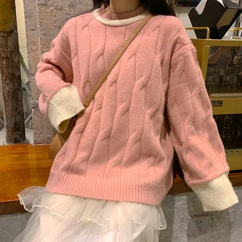 

2020 Autumn New Arrival Chic Loose Sweater Color Matching Round Neck Long-sleeved Knit Mid Length Sweater Women Free Shipping