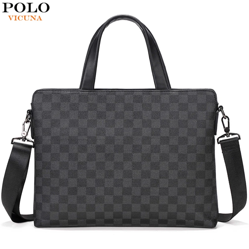 

VICUNA POLO Brand Men's Leather Briefcase Bag 15inch Business Man Laptop Handbag Sling Side Shoulder Bag For A4 Document