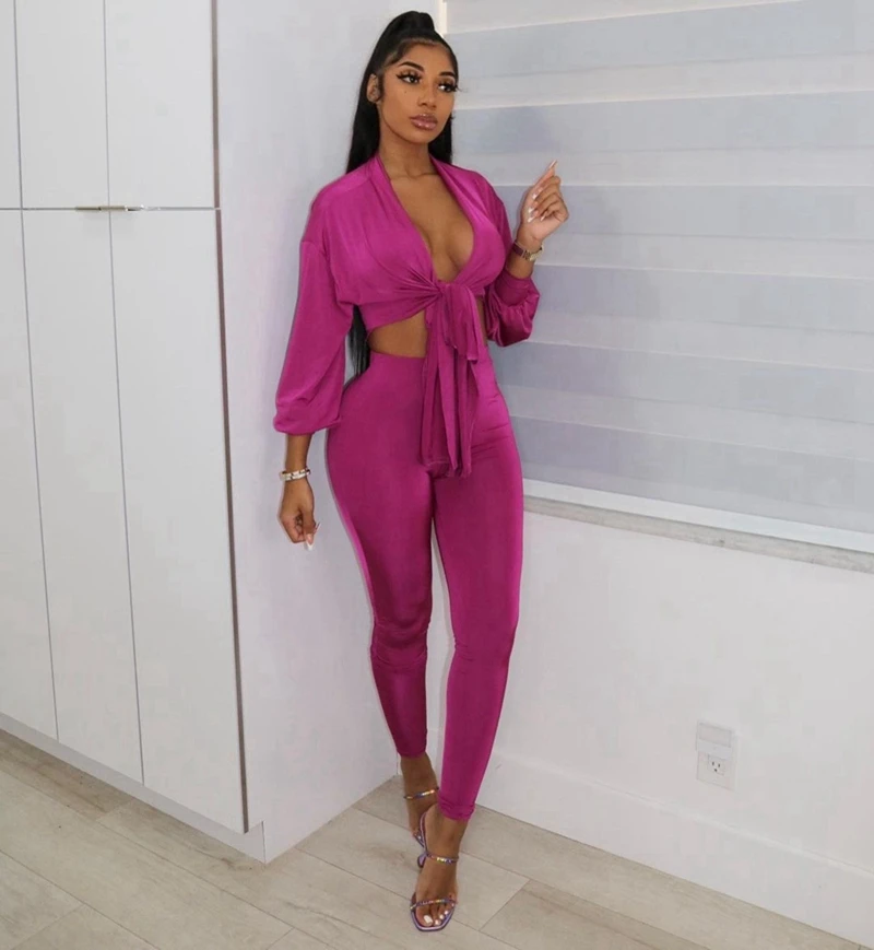 Sexy 2 Piece Club Outfits for Women Two Piece Sets Clothes Tie Up Crop Top and Leggings Set Party Birthday Matching Sets Suit sexy pant suit